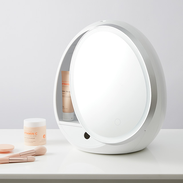 Egg shape cabinet LED mirror, storage mirror, 3 color lights, lithium battery and type-c USB power